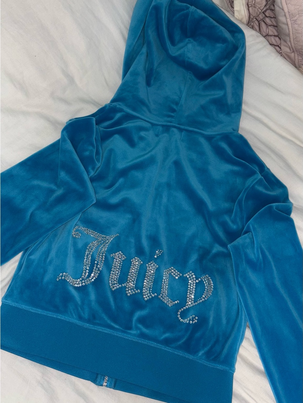 Juicy Couture Teal Velour Rhinestone Logo Hoodie